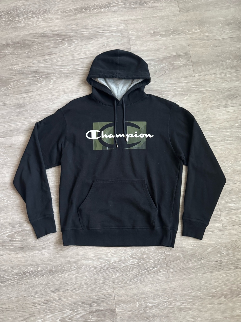 Champion Black Hoodie with White Logo and Olive Accent